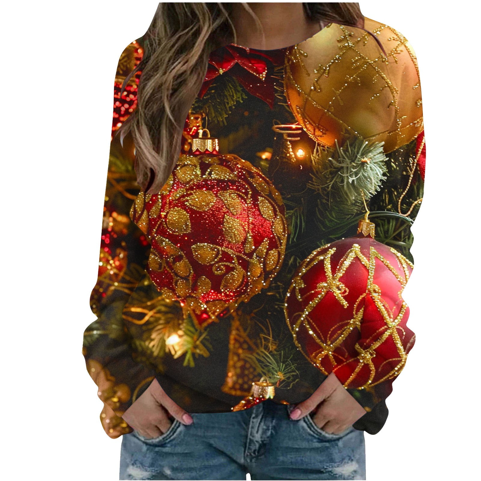 Blouses for Women Christmas Trees Long Sleeve Crew Neck Discount Shirts