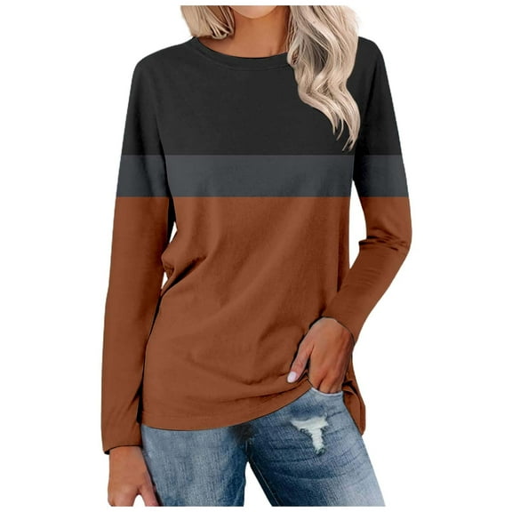 Blouses for Women Color Block Crew Neck Long Sleeve Pullover Tee Shirts Stretch Comfy Classic Fit Casual Tunic Tops