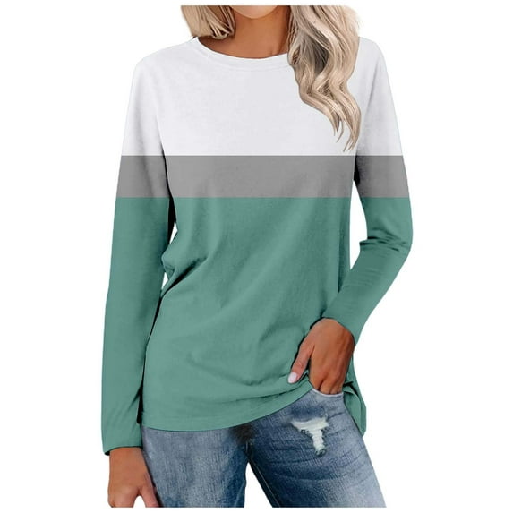 Blouses for Women Color Block Crew Neck Long Sleeve Pullover Tee Shirts Stretch Comfy Classic Fit Casual Tunic Tops
