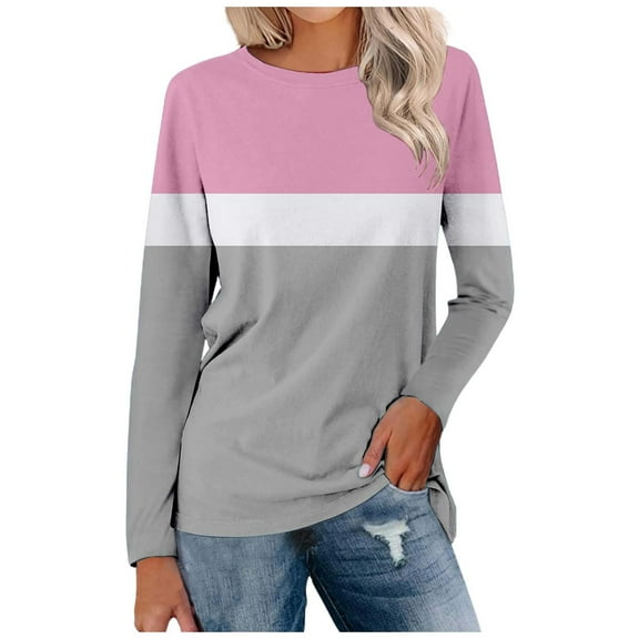 Blouses for Women Color Block Crew Neck Long Sleeve Pullover Tee Shirts Stretch Comfy Classic Fit Casual Tunic Tops