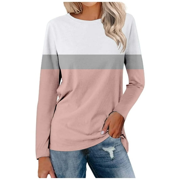 Blouses for Women Color Block Crew Neck Long Sleeve Pullover Tee Shirts Stretch Comfy Classic Fit Casual Tunic Tops