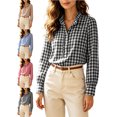 thumbnail image 1 of Blouses for Women Comfy Plaid Ruffle Collar Long Sleeve Button Front Office Shirt, 1 of 7