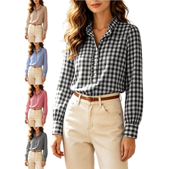 Blouses for Women Comfy Plaid Ruffle Collar Long Sleeve Button Front Office Shirt