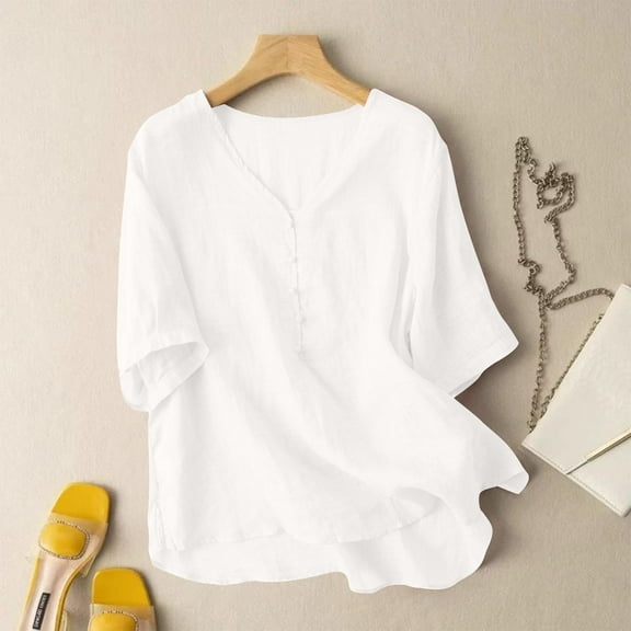 Blouses for Women Cotton Linen Comfortable and Breathable Top Summer Loose V-Neck Solid Color T Shirt