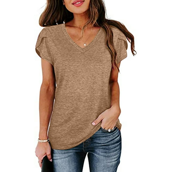 Blouses for Women Deep V Neck Short Sleeve Tops Curved Hem Shirts Trendy Blouses Casual Loose Tees Tops
