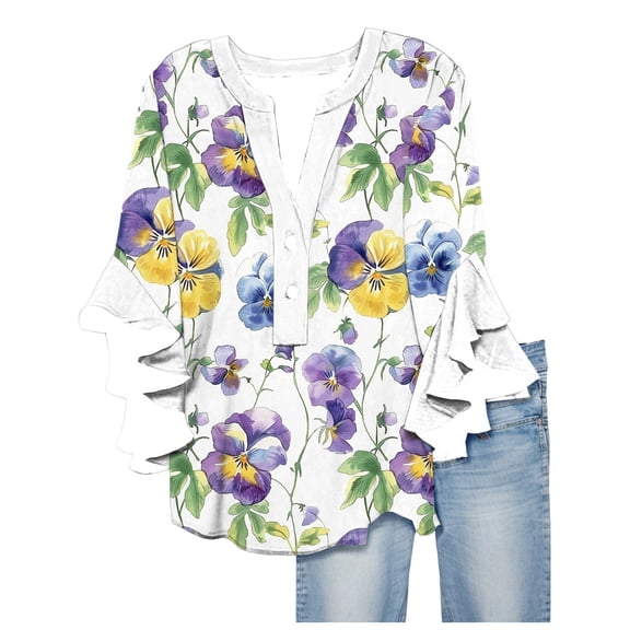 Blouses for Women Dressy 3/4 Ruffle Sleeve Summer Tops Crew Neck Business Casual Tops For Women