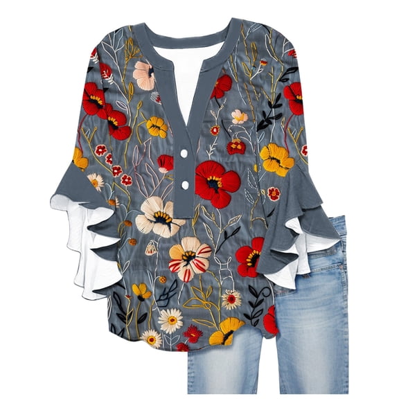 Blouses for Women Dressy 3/4 Ruffle Sleeve Summer Tops Crew Neck Business Casual Tops For Women