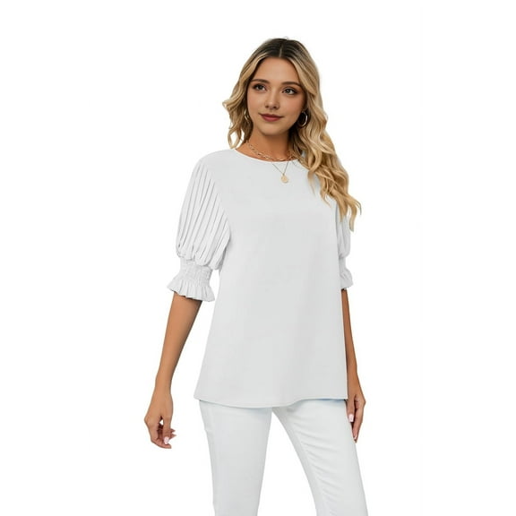 Blouses for Women Dressy Casual 1/2 Length Sleeve Womens Tops with Smocked Cuffs White L