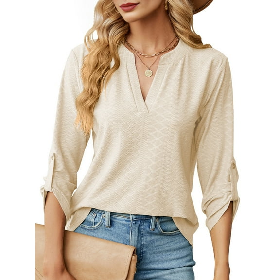 Blouses for Women Dressy Casual 3/4 Length Sleeve Womens Tops V Neck T Shirts with Roll Up Sleeve Apricot XXL