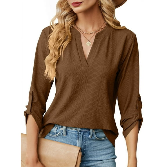 Blouses for Women Dressy Casual 3/4 Length Sleeve Womens Tops V Neck T Shirts with Roll Up Sleeve Coffee Color S