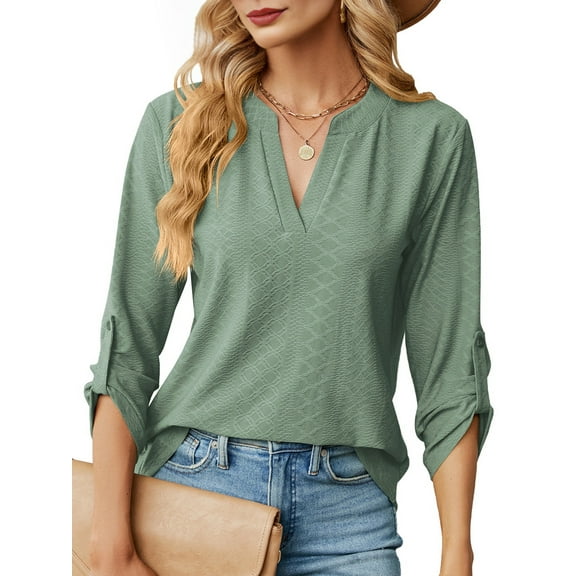 Blouses for Women Dressy Casual 3/4 Length Sleeve Womens Tops V Neck T Shirts with Roll Up Sleeve Dark Green XXL