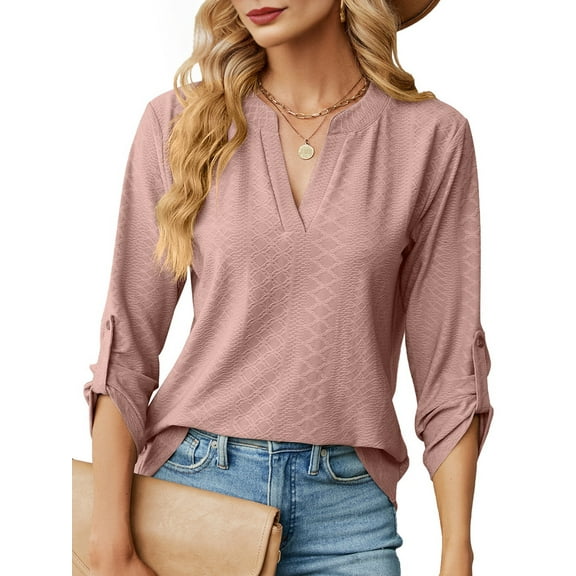 Blouses for Women Dressy Casual 3/4 Length Sleeve Womens Tops V Neck T Shirts with Roll Up Sleeve Gray Pink XL