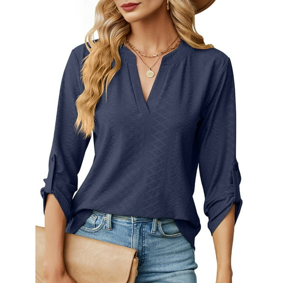 Blouses for Women Dressy Casual 3/4 Length Sleeve Womens Tops V Neck T Shirts with Roll Up Sleeve Navy Blue S