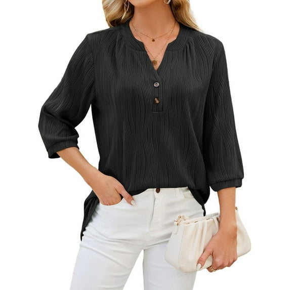 Blouses for Women Dressy Casual 3/4 Length Sleeve Womens Tops V Neck T Shirts with Smocked Cuffs Black L