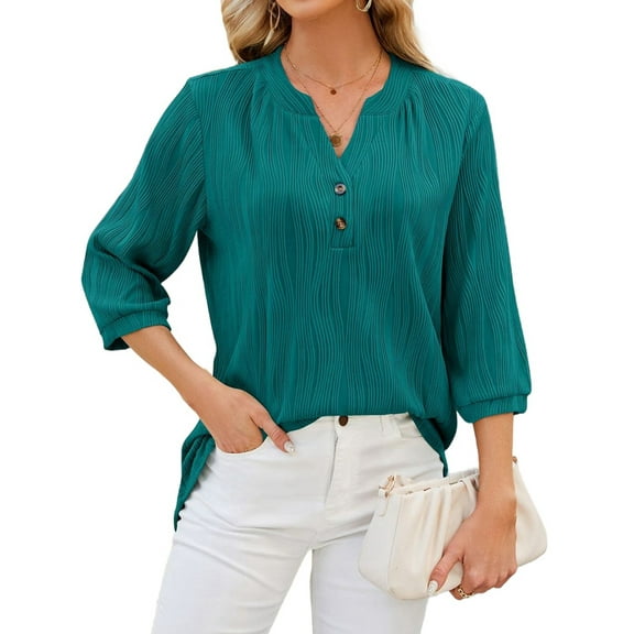 Blouses for Women Dressy Casual 3/4 Length Sleeve Womens Tops V Neck T Shirts with Smocked Cuffs Blue L