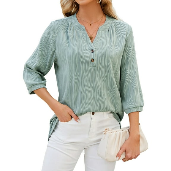 Blouses for Women Dressy Casual 3/4 Length Sleeve Womens Tops V Neck T Shirts with Smocked Cuffs Dark Green S