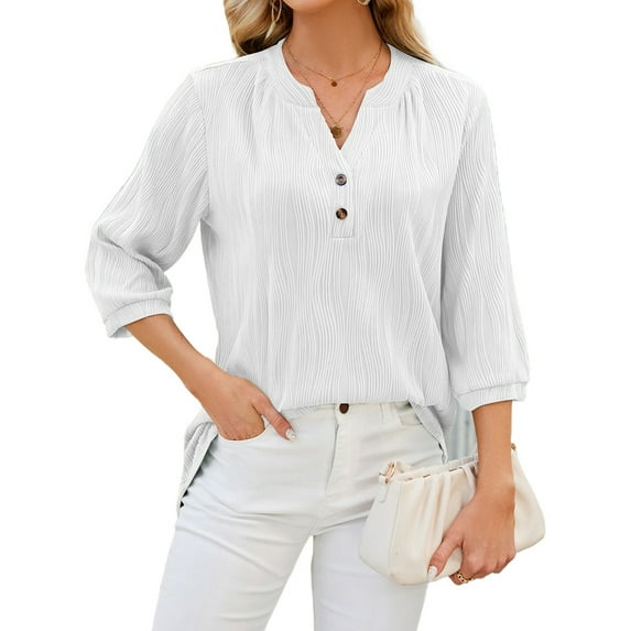 Blouses for Women Dressy Casual 3/4 Length Sleeve Womens Tops V Neck T Shirts with Smocked Cuffs White S