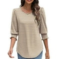 thumbnail image 1 of Women's Dressy Casual Blouse with Smocked Cuffs, 3/4 Length Sleeve Tops for Work Office Khaki M, 1 of 7