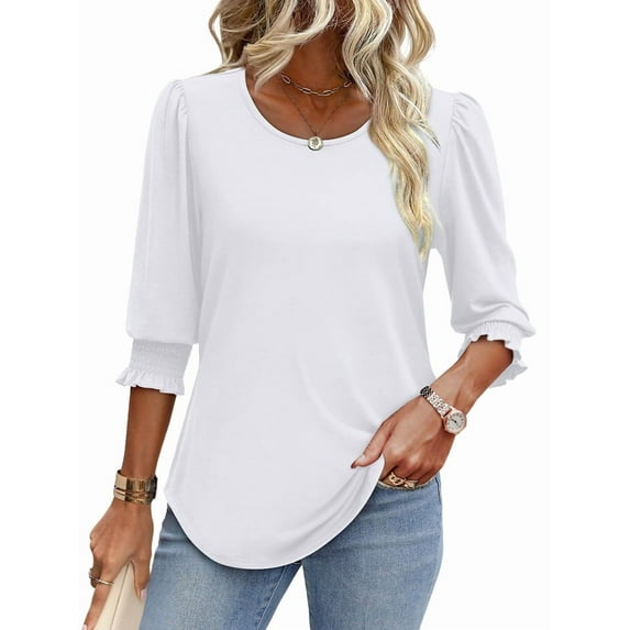 Blouses for Women Dressy Casual 3/4 Length Sleeve Womens Tops with Smocked Cuffs White L