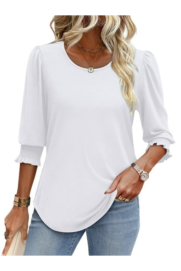 Blouses for Women Dressy Casual 3/4 Length Sleeve Womens Tops with Smocked Cuffs White M
