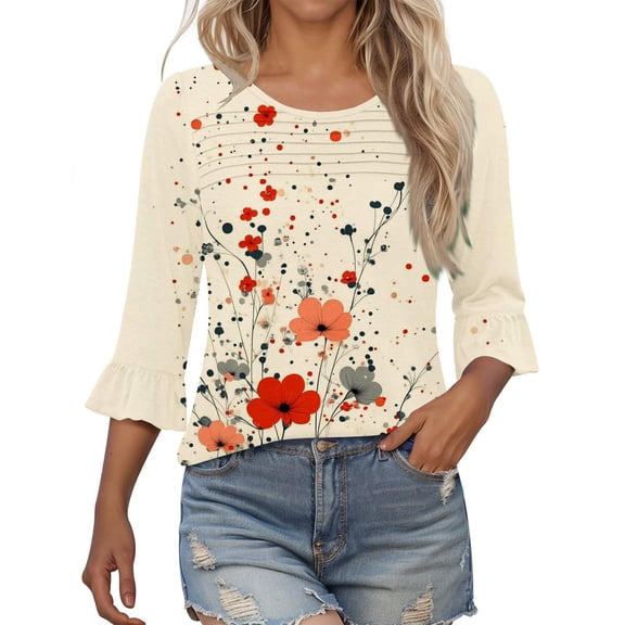 Blouses for Women Dressy Casual 3/4 Sleeve Printed Crewneck Tunic Shirts Loose Comfy Three Quarter Sleeve Blouses
