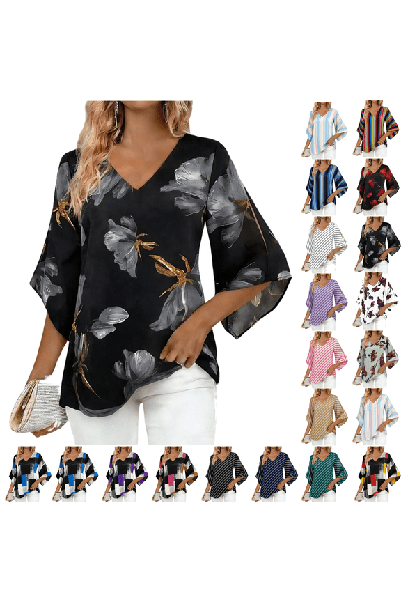 Blouses for Women Dressy Casual 3/4 Sleeve V Neck Shirts Summer Trendy Loose Floral Vacation Womens Chiffon Tops S-2XL