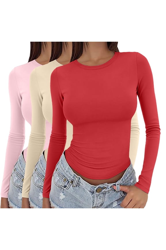 Blouses for Women Dressy Casual 3 Pieces Basic Long Sleeve Slim Dupe Crop Layering Aesthetic Streetwear Crew Neck Womens Tops