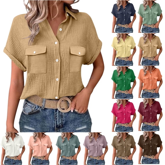 Blouses for Women Dressy Casual Button Down Short Sleeve Collared Shirts Solid Color Summer Tops With Pockets,Size S-2XL