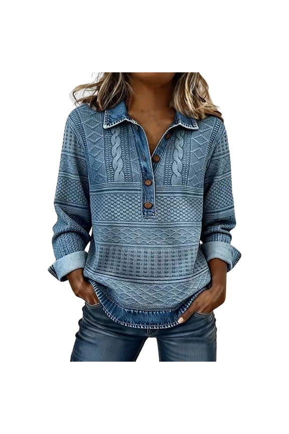 Blouses for Women Dressy Casual Collar Button Denim Patchwork Knit Casual Pullover Sweater Trendy Tops Dark Blue M