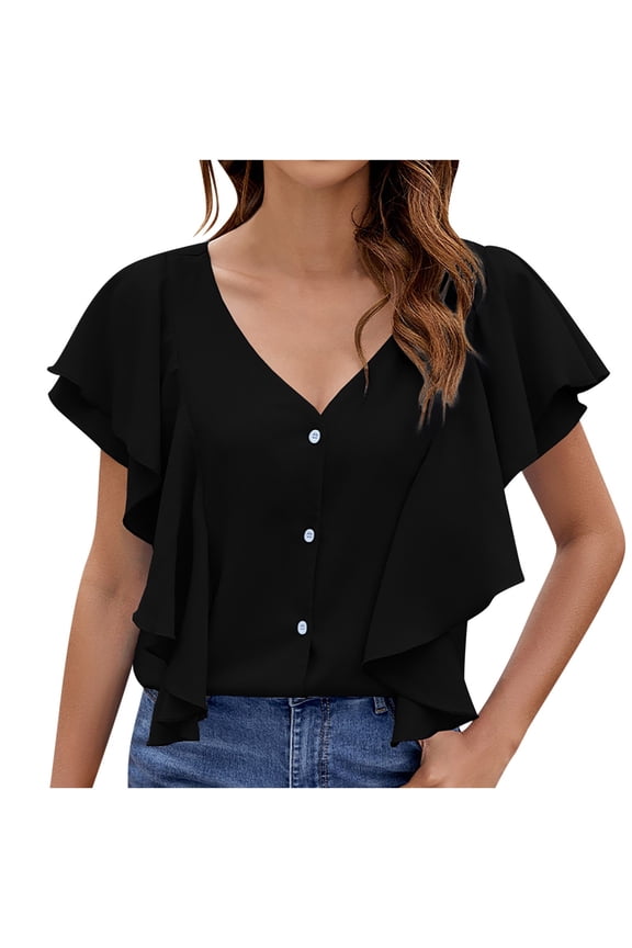 Blouses for Women Dressy Casual Double Layered Ruffle Tops Button down V Neck Shirts Loose Fitting S-2XL