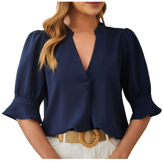 Blouses for Women Dressy Casual Elbow-Length Puffed Sleeve V-Neck Shirts Loose Solid Color Swing Pullover Tops Trendy Business Office Work Tshirts