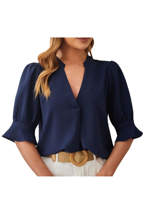Blouses for Women Dressy Casual Elbow-Length Puffed Sleeve V-Neck Shirts Loose Solid Color Swing Pullover Tops Trendy Business Office Work Tshirts