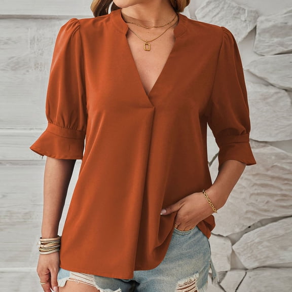Blouses for Women Dressy Casual Elbow-Length Puffed Sleeve V-Neck Shirts Loose Solid Color Swing Pullover Tops Trendy Business Office Work Tshirts