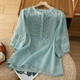 thumbnail image 1 of Blouses for Women Dressy Casual, Embroidered Floral Cotton Linen Tunic 3/4 Sleeve V Neck Button Boho Ethnic, Blue M-3XL, 1 of 5