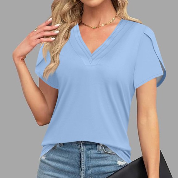 Blouses for Women Dressy Casual, Fashion Solid Color Retro T-Shirt Unique Design V-Neck Oversized Tshirts