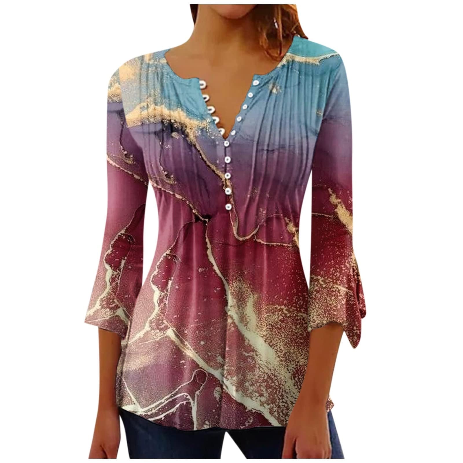 Blouses for Women Dressy Casual Floral Print Button Up 3/4 Sleeve Crew ...