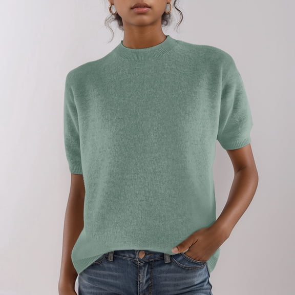 Blouses for Women Dressy Casual Knitted Short Sleeved Low Round Neck Knitted Mid Sleeve Bottoming Shirt Loose Fit Basic Tees S-2XL