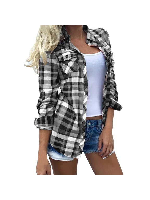 Blouses for Women Dressy Casual Lapel Digital Plaid Printed Pocket Long Sleeves Button Cardigan Tops Summer Fashion Womens Shirts Grey XXXL