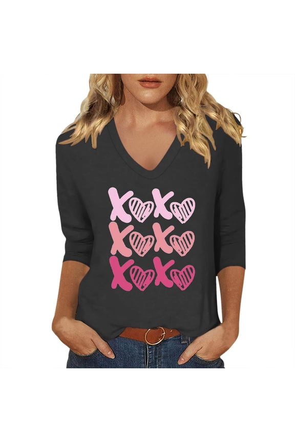 Blouses for Women Dressy Casual Letter Love Print T Shirt 3/4 Sleeve Tee Soft Blend Tees
