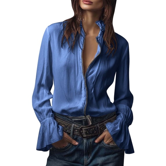 Blouses for Women Dressy Casual Long Sleeve Button Down Shirts Vintage Spring Fall Blouses Long Sleeve Tops Navy M