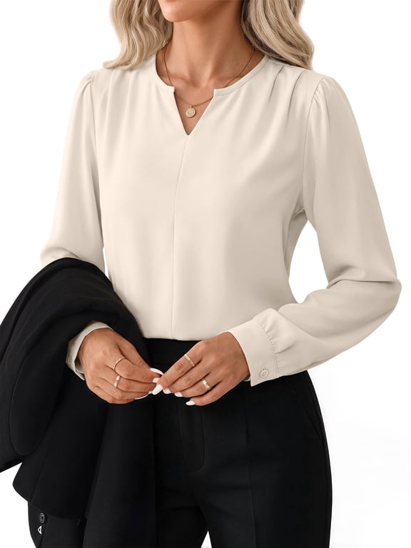 Blouses for Women Dressy Casual Pleated Long Sleeve Shirts V Neck Business Work Tops