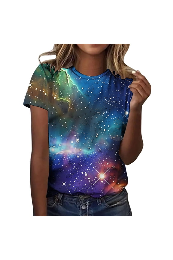 Blouses for Women Dressy Casual Plus,Cute Summer Tops for Women Galaxy Space Print Petite Shirts Casual Short Sleeve Crewneck Graphic Tees Blouses