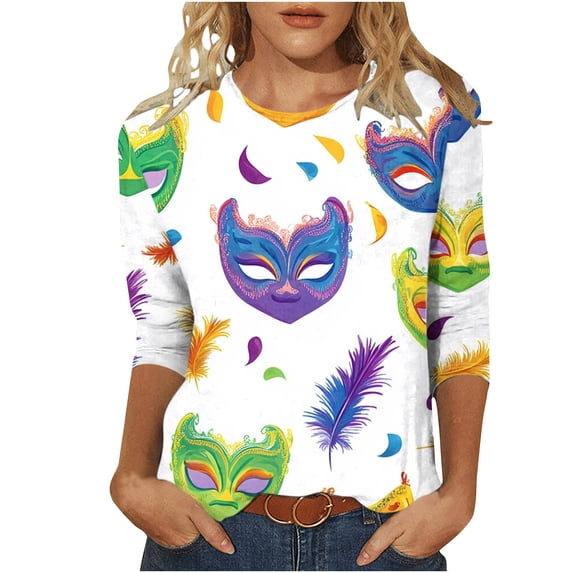 Blouses for Women Dressy Casual Plus,Mardi Gras Shirts for Women 3/4 Sleeve Sequin Crew Neck Mardi Gras Outfits Summer Graphic Holiday Carnival Shirt