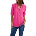 thumbnail image 1 of Blouses for Women Dressy Casual Plus Size V Neck Half Zipper T Shirt Button Roll up Sleeve Chiffon Tops Loose Plain Work Tees, 1 of 8