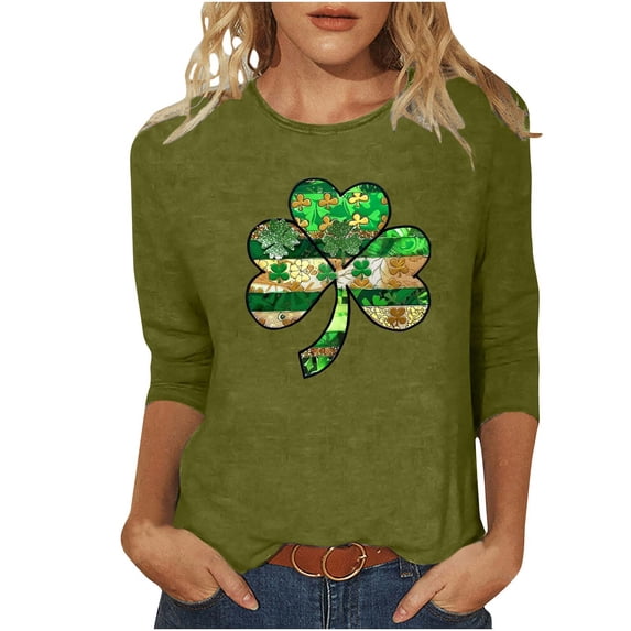 Saint Patricks Day for Women Shamrock 3/4 Sleeve Shirt Funny Irish Graphic Tee Spring Party Tops