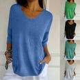 thumbnail image 1 of Blouses for Women Dressy Casual Sevevn Women Solid Color Knitted V-neck Medium Sleeve Casual Basic Top Blue XXL, 1 of 9