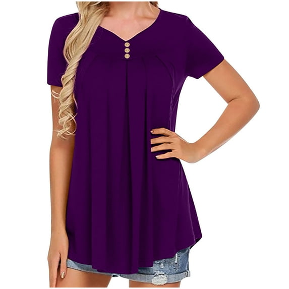 Blouses for Women Dressy Casual Short Sleeve Tunic Top Button V-Neck Pleated Dailywear Summer Tops