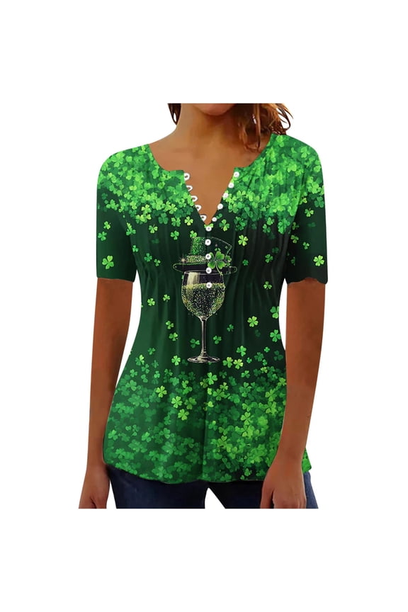 Blouses for Women Dressy Casual,St Patricks Day Shirt Women Shamrock Short Sleeve Tops Casual Button V Neck Tunic Blouses Irish Green Outfits