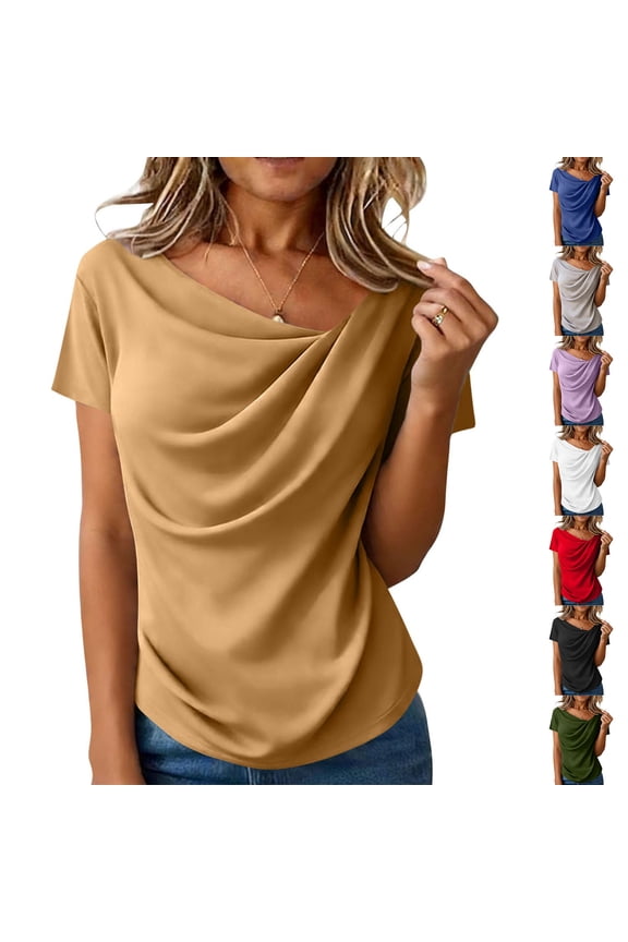 Blouses for Women Dressy Casual Summer Shirts Cowl Neck Short Sleeve Tops Work Top Ruched Office Teacher Shirts Army Green S