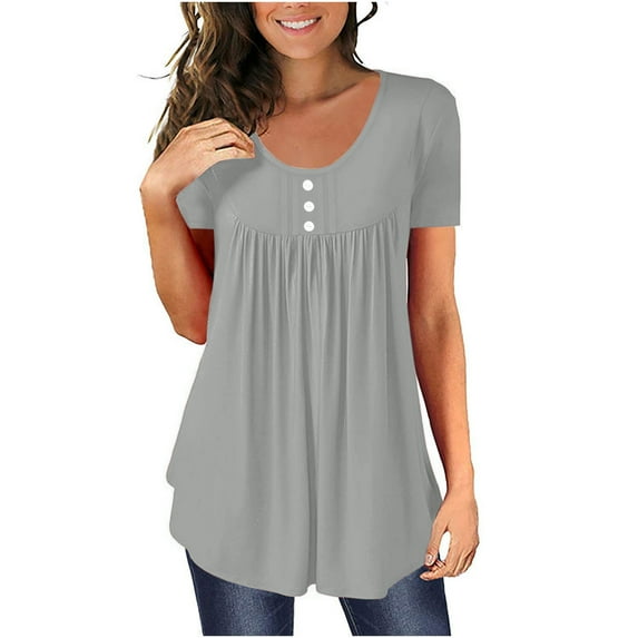 Husipze Blouses for Women Dressy Casual Summer Tops Solid Round Neck Button Pleated Short Sleeve Tops Business Tee Shirts Gray S